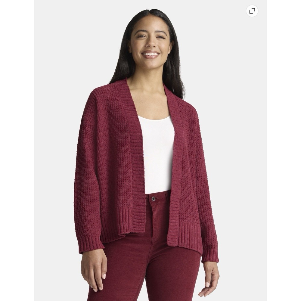 0218-Time and Tru Women's L 12-14 Chenille Cardigan Sweater Wine Punch NWT